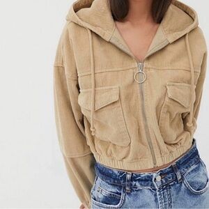 BDG Urban Outfitters Corduroy Cropped Zip Hoodie Jacket Tan M Retro Streetwear